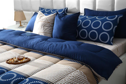 8 PCs Winter Razai Set-Starry Nights(With Blue Reverse) Comforters Apricot