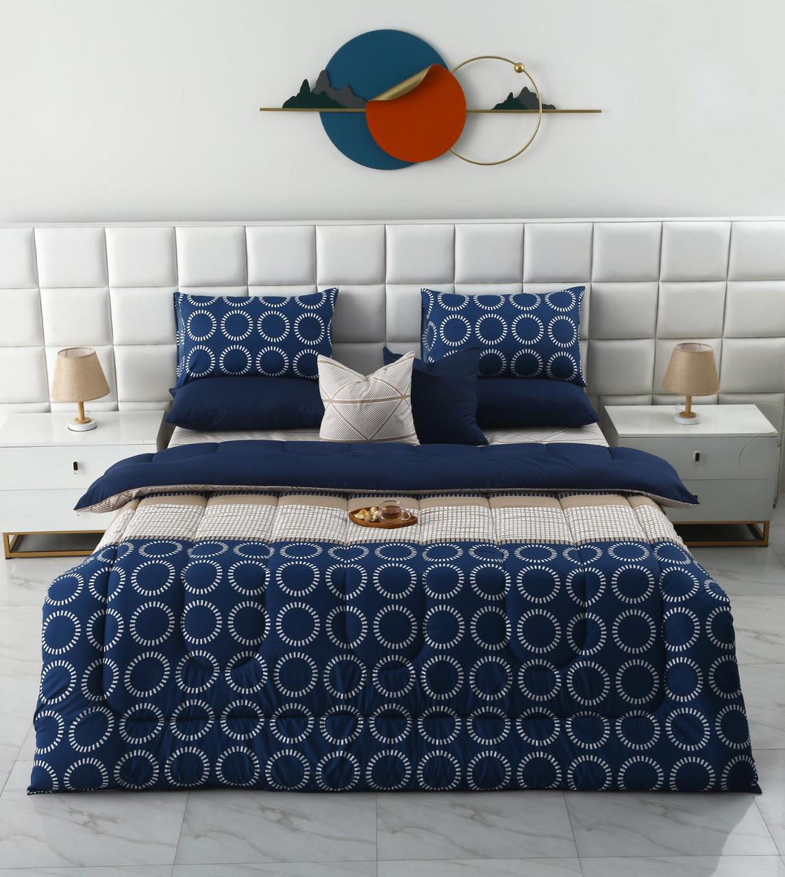 8 PCs Winter Razai Set-Starry Nights(With Blue Reverse) Comforters Apricot