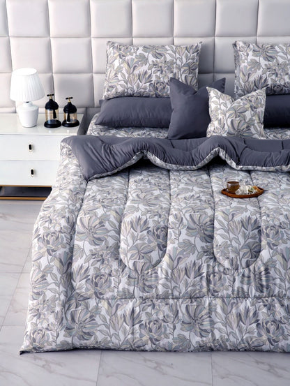 8 PCs Winter Razai Set-Buds Floral(With Pastel Grey Reverse) Comforters Apricot