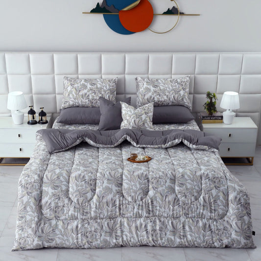 8 PCs Winter Razai Set-Buds Floral(With Pastel Grey Reverse) Comforters Apricot