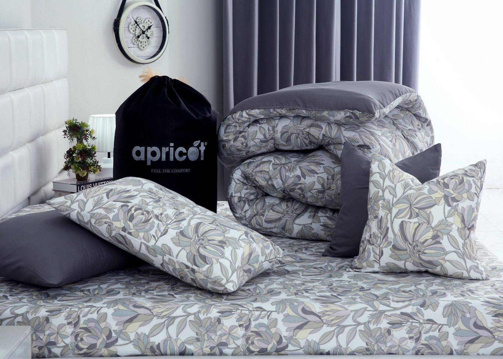 8 PCs Winter Razai Set-Buds Floral(With Pastel Grey Reverse) Comforters Apricot