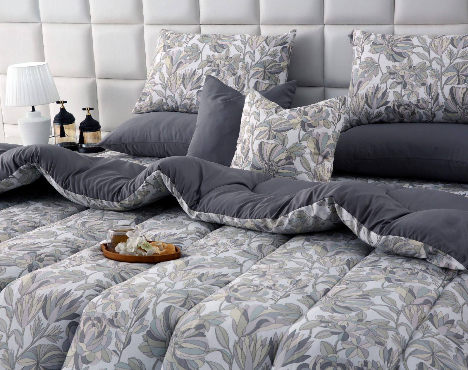 8 PCs Winter Razai Set-Buds Floral(With Pastel Grey Reverse) Comforters Apricot