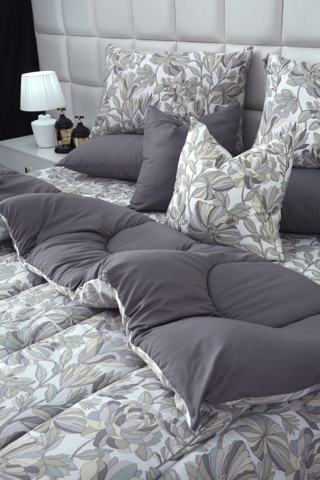 8 PCs Winter Razai Set-Buds Floral(With Pastel Grey Reverse) Comforters Apricot