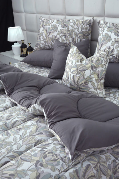 8 PCs Winter Razai Set-Buds Floral(With Pastel Grey Reverse) Comforters Apricot