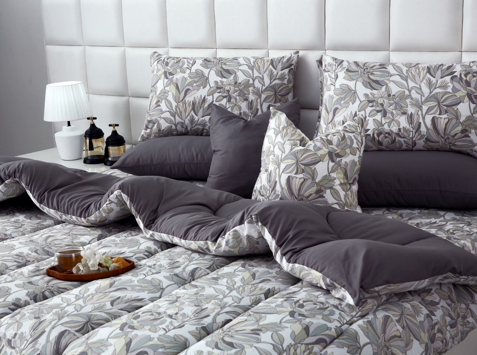 8 PCs Winter Razai Set-Buds Floral(With Pastel Grey Reverse) Comforters Apricot