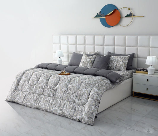 8 PCs Winter Razai Set-Buds Floral(With Pastel Grey Reverse) Comforters Apricot