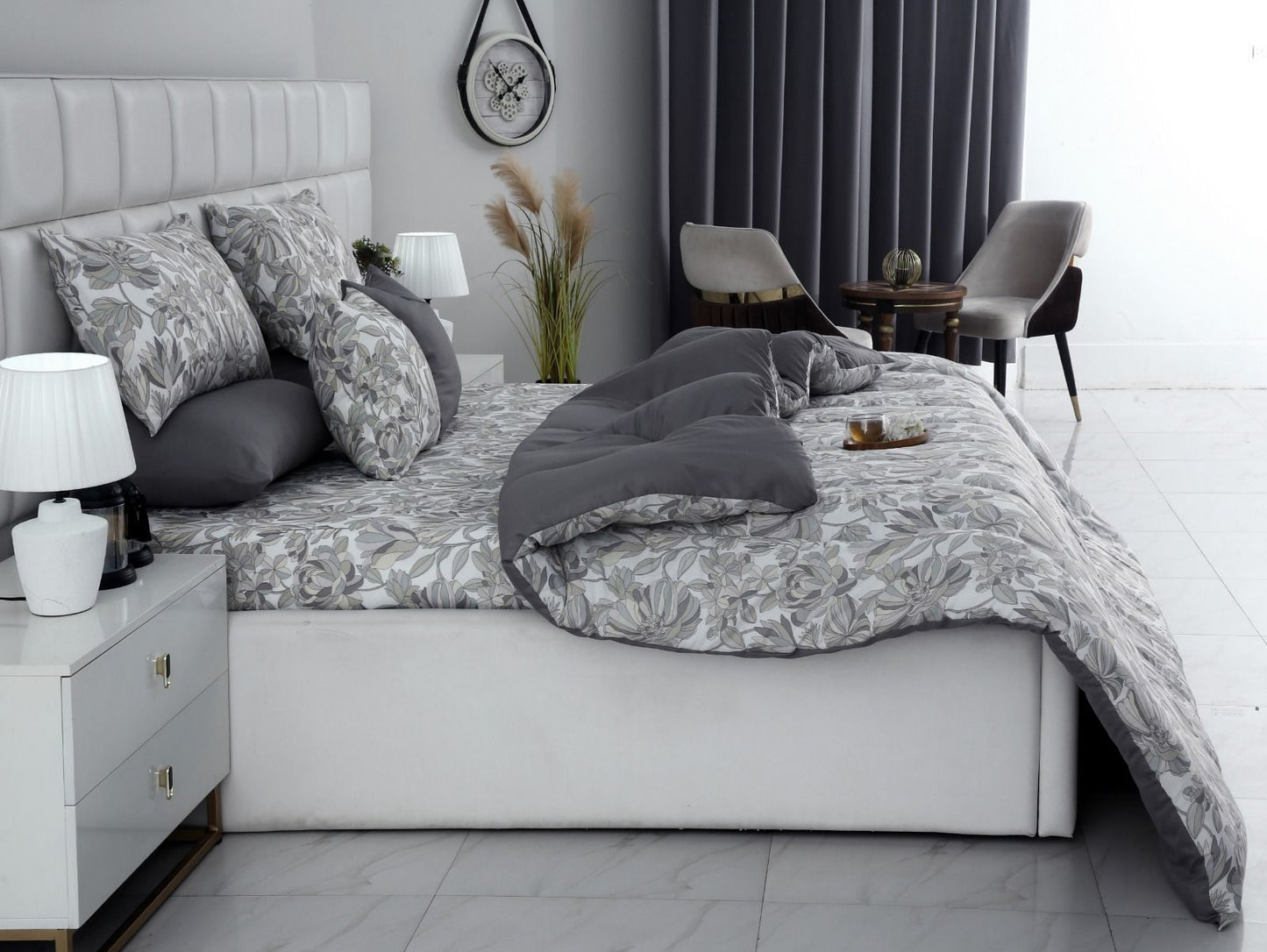 8 PCs Winter Razai Set-Buds Floral(With Pastel Grey Reverse) Comforters Apricot