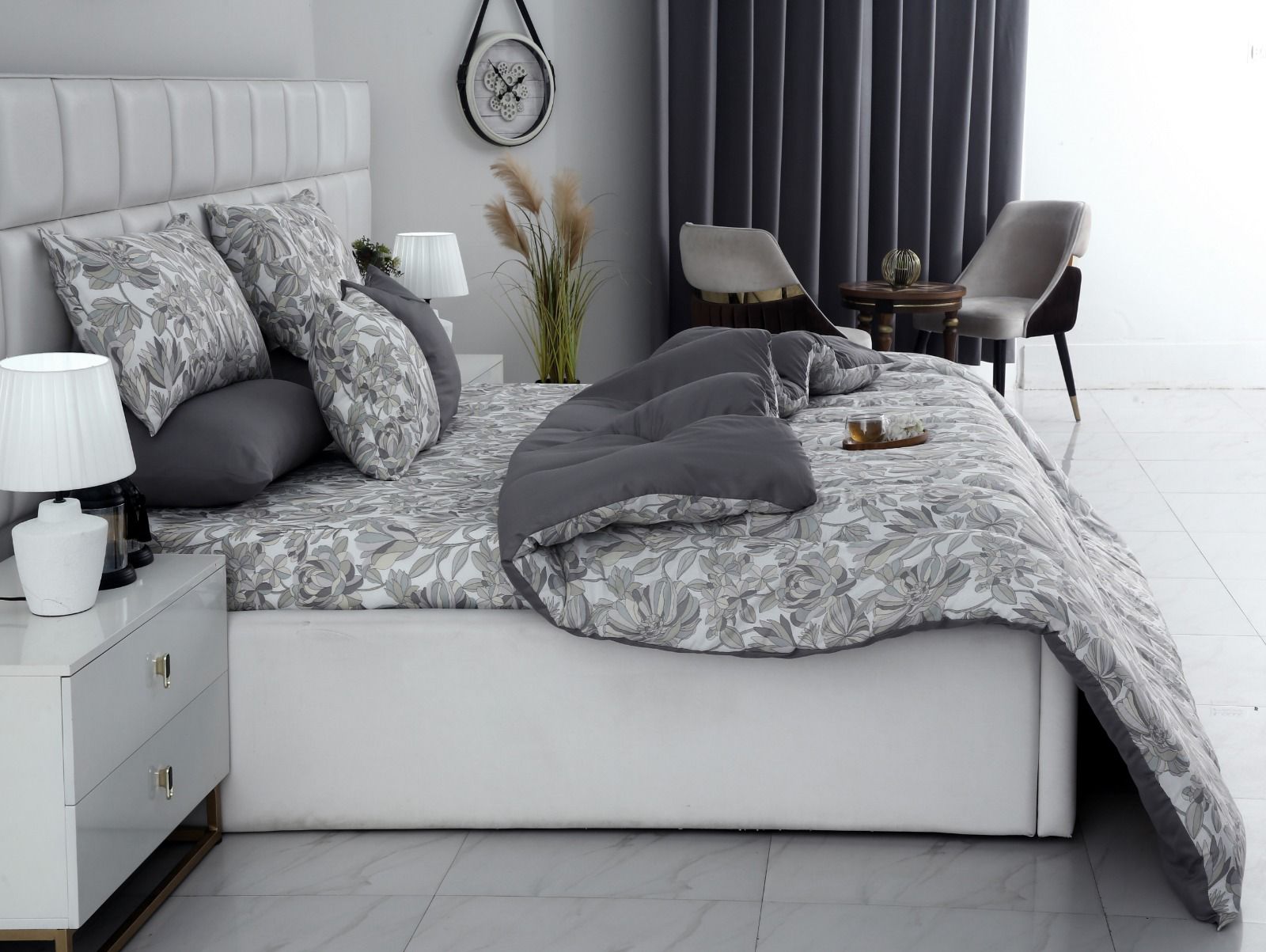 8 PCs Winter Razai Set-Buds Floral(With Pastel Grey Reverse) Comforters Apricot