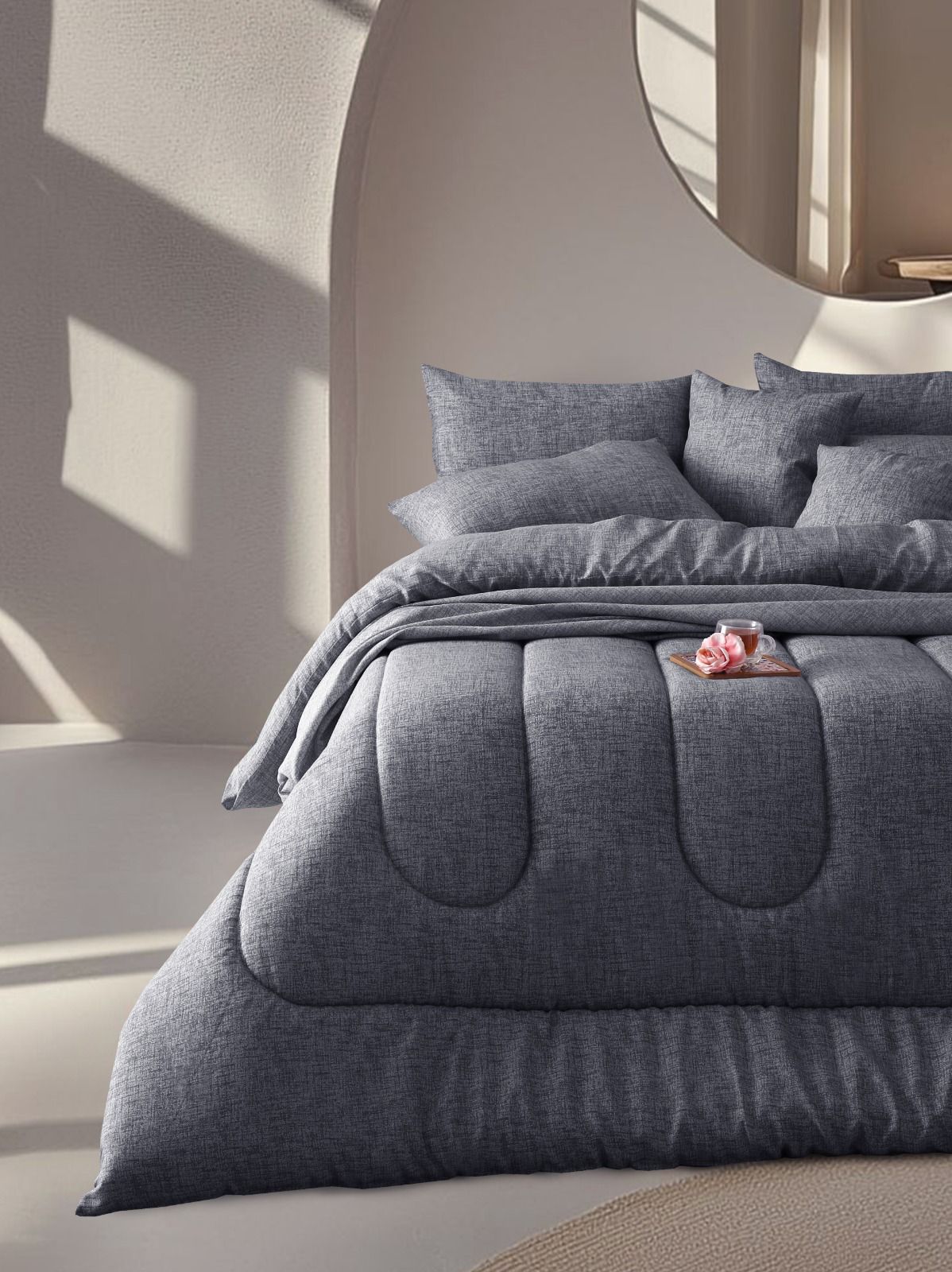 8 PCs Winter Razai Set-Grey Texture Comforters Apricot