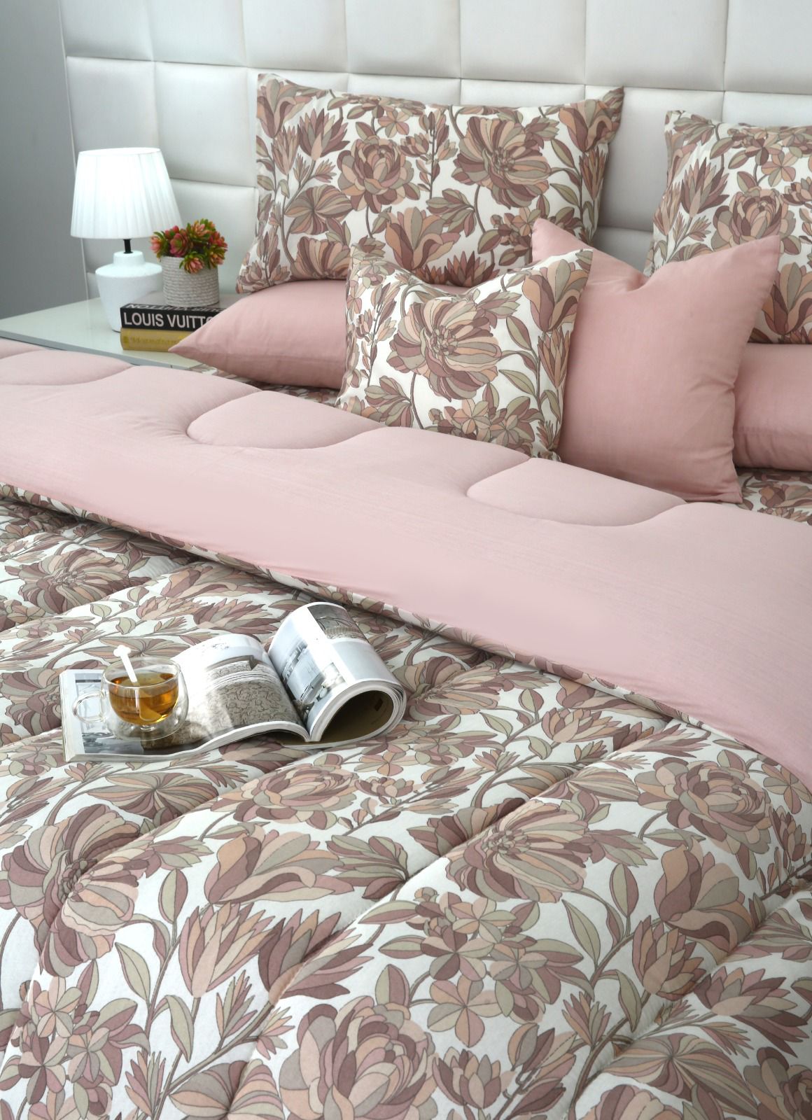 8 PCs Winter Razai Set-Buds Floral(With Pastel Pink Reverse) Comforters Apricot
