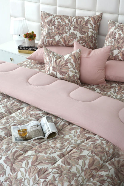 8 PCs Winter Razai Set-Buds Floral(With Pastel Pink Reverse) Comforters Apricot