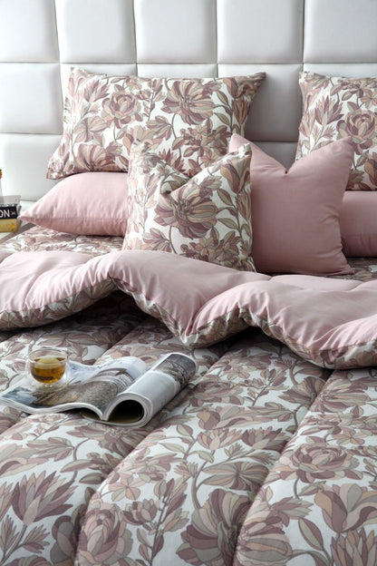 8 PCs Winter Razai Set-Buds Floral(With Pastel Pink Reverse) Comforters Apricot