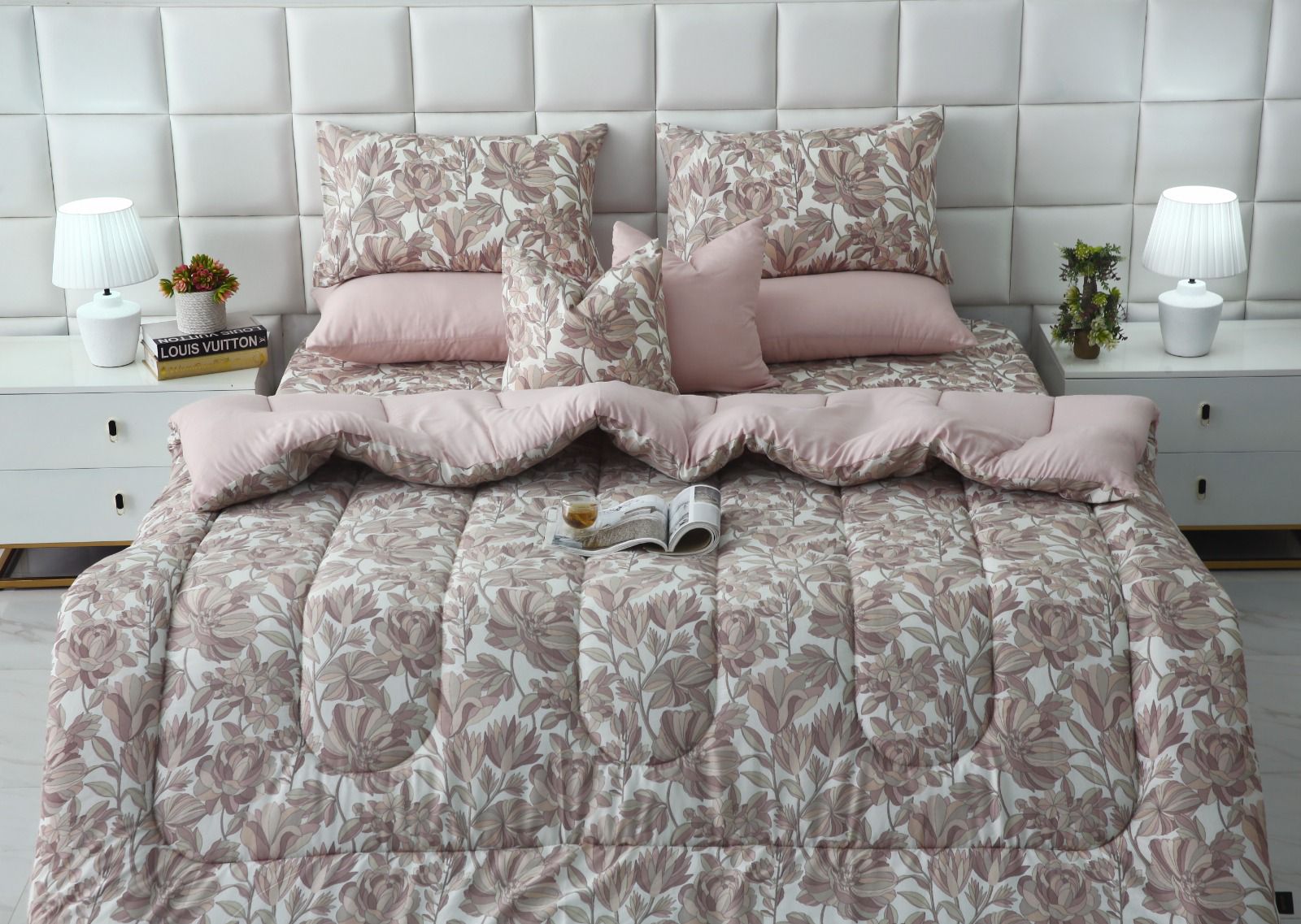 8 PCs Winter Razai Set-Buds Floral(With Pastel Pink Reverse) Comforters Apricot