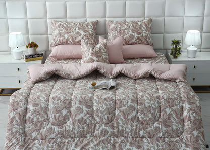 8 PCs Winter Razai Set-Buds Floral(With Pastel Pink Reverse) Comforters Apricot