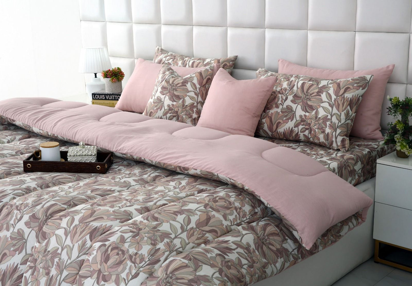 8 PCs Winter Razai Set-Buds Floral(With Pastel Pink Reverse) Comforters Apricot
