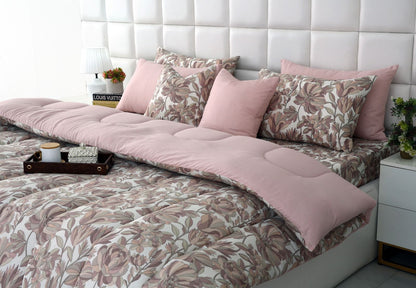 8 PCs Winter Razai Set-Buds Floral(With Pastel Pink Reverse) Comforters Apricot