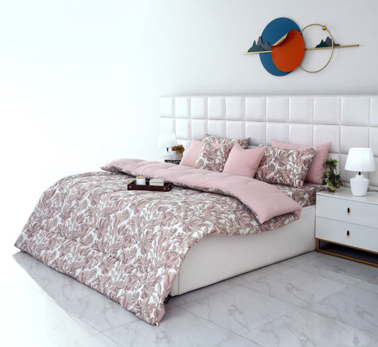 8 PCs Winter Razai Set-Buds Floral(With Pastel Pink Reverse) Comforters Apricot