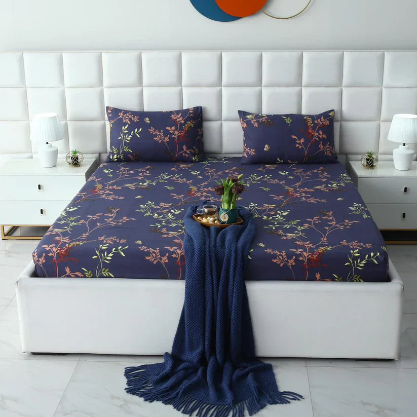 3 PCs Double Bed Sheet-Retro Leaf BED SHEET Apricot