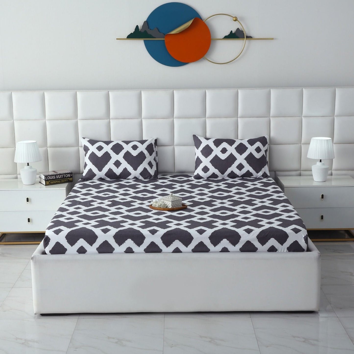 Fitted Bed Sheet-Geometric Patterned Fitted Sheets Apricot