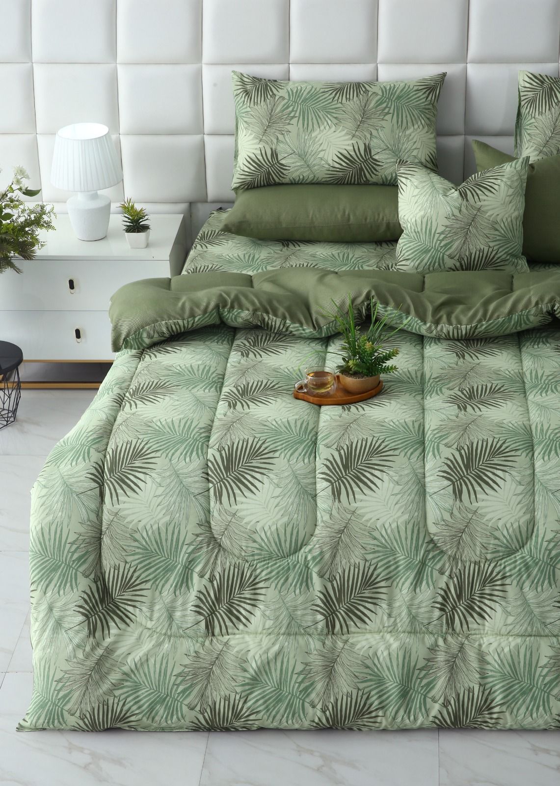 8 PCs Winter Razai Set-Palmy Jungle Comforters Apricot