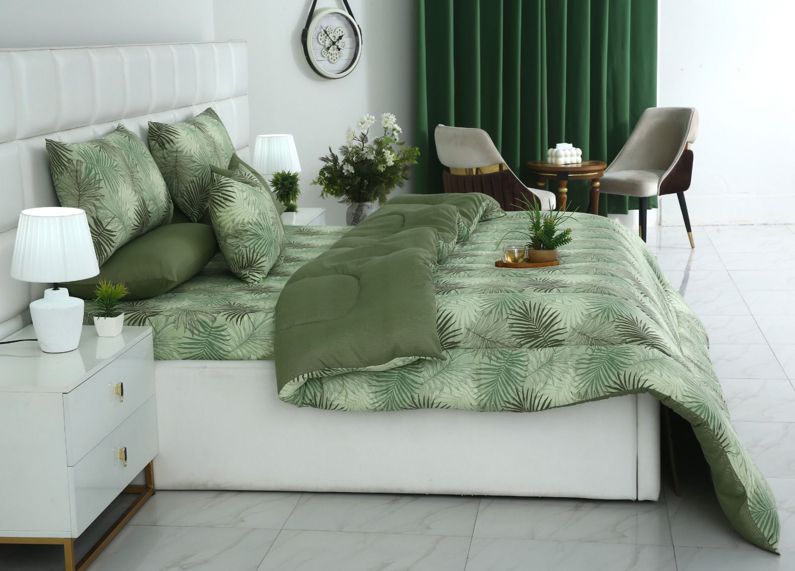 8 PCs Winter Razai Set-Palmy Jungle Comforters Apricot