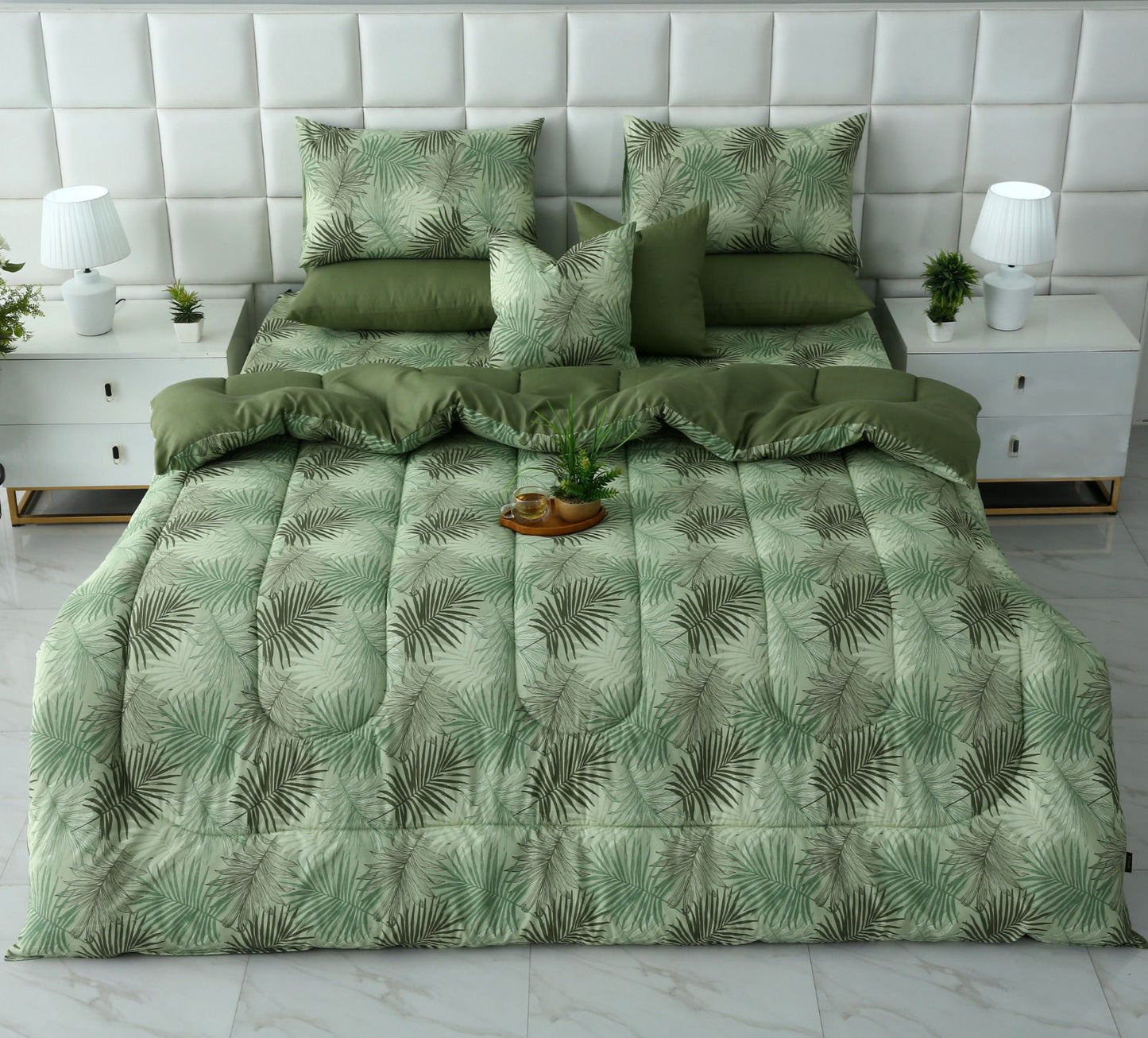 8 PCs Winter Razai Set-Palmy Jungle Comforters Apricot