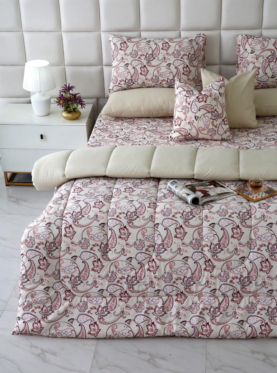 8 PCs Winter Razai Set-Pink Paisley Comforters Apricot