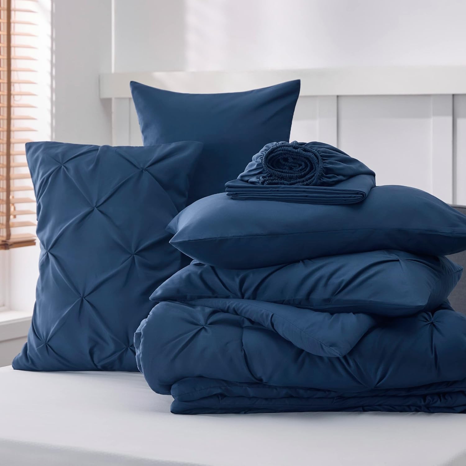 Solid Pintuck Duvet Cover Set-Navy Blue Bed Sheets Apricot