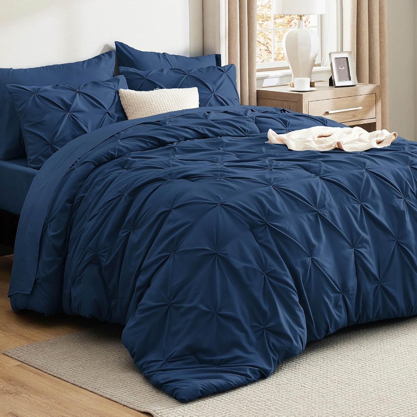 Solid Pintuck Duvet Cover Set-Navy Blue Bed Sheets Apricot