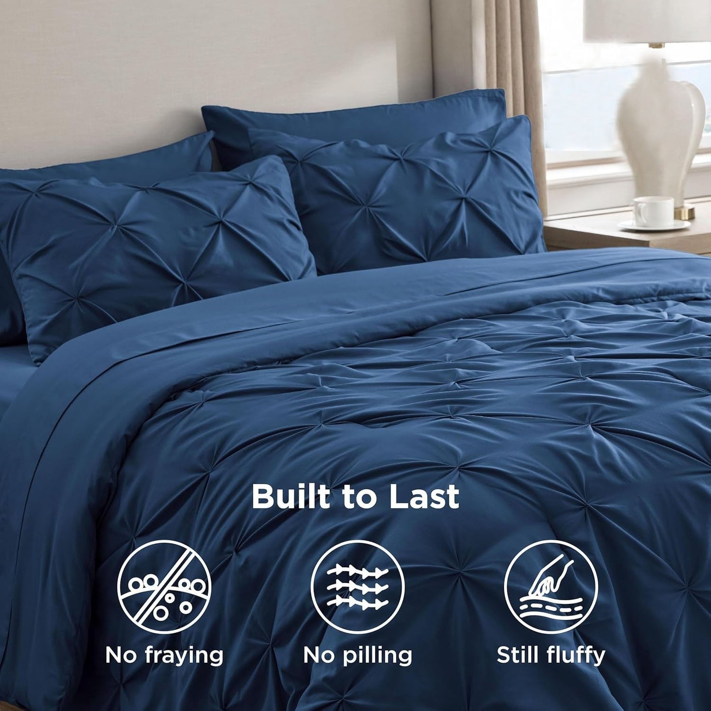 Solid Pintuck Duvet Cover Set-Navy Blue Bed Sheets Apricot