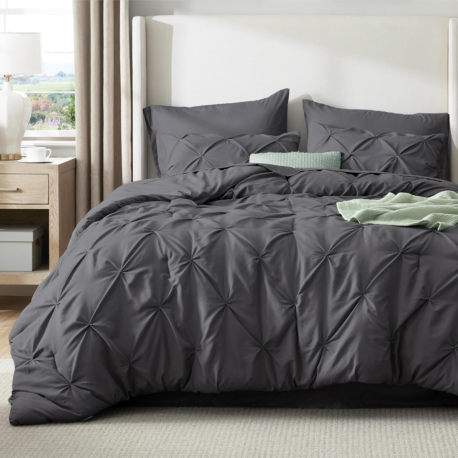 Solid Pintuck Duvet Cover Set-Grey Bed Sheets Apricot