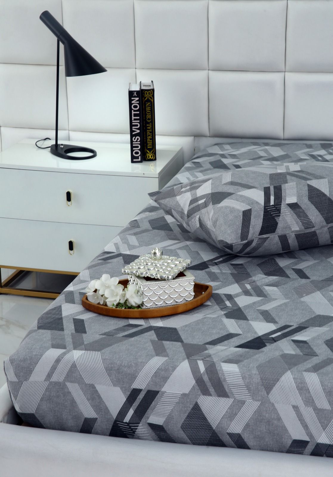 Fitted Bed Sheet-Grey Triangles Fitted Sheets Apricot