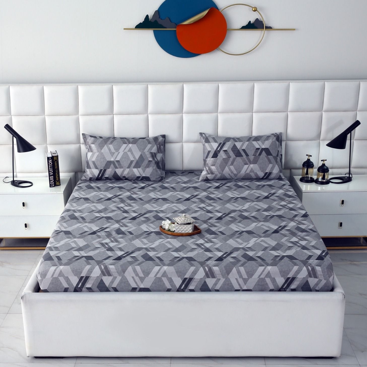 Fitted Bed Sheet-Grey Triangles Fitted Sheets Apricot