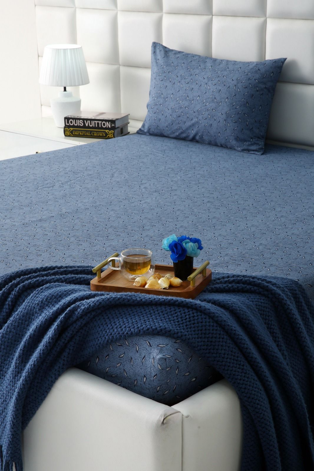 Fitted Bed Sheet-Raincloud Blue Feathers Fitted Sheets Apricot