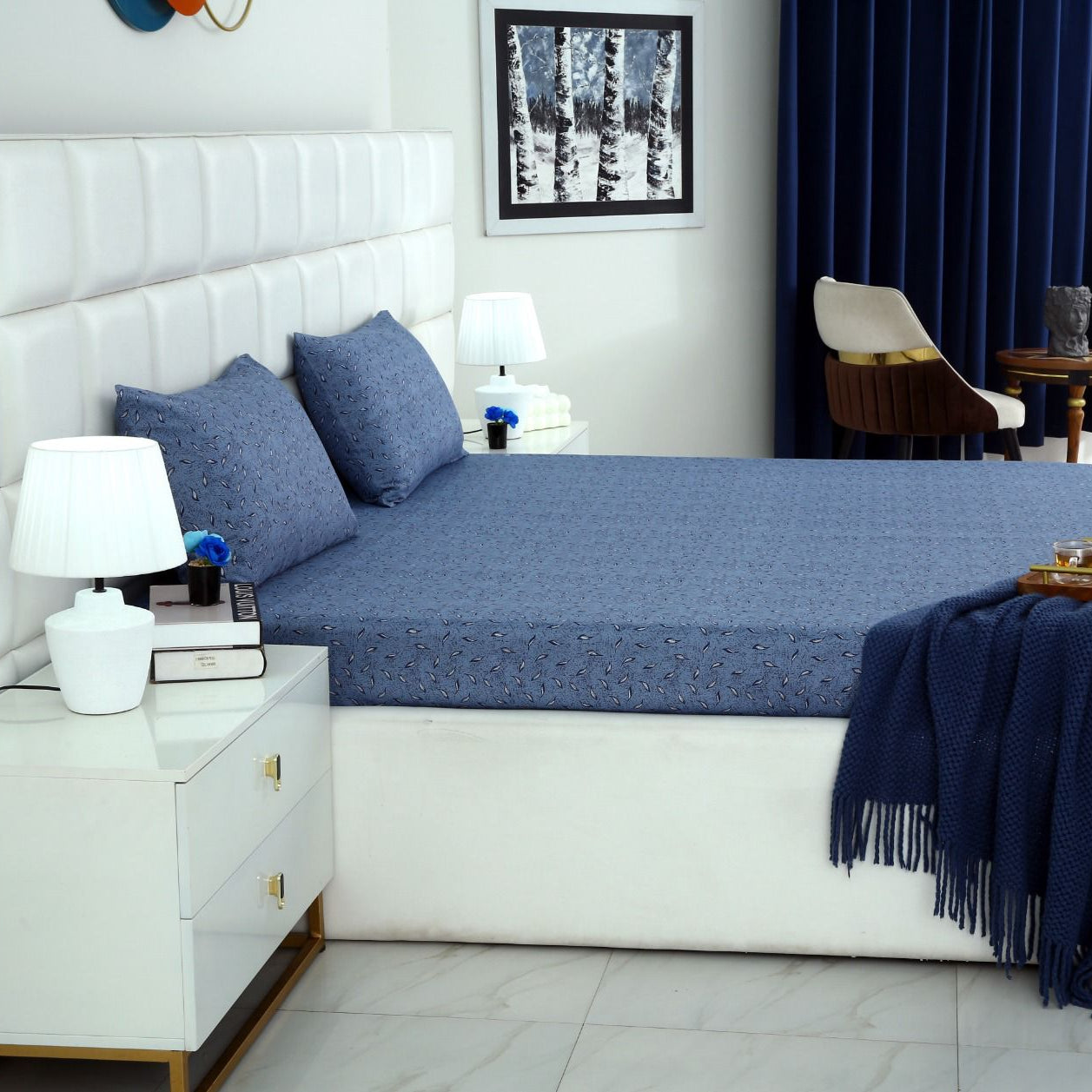 3 PCs Bed Sheet-Blue Feathers BED SHEET Apricot