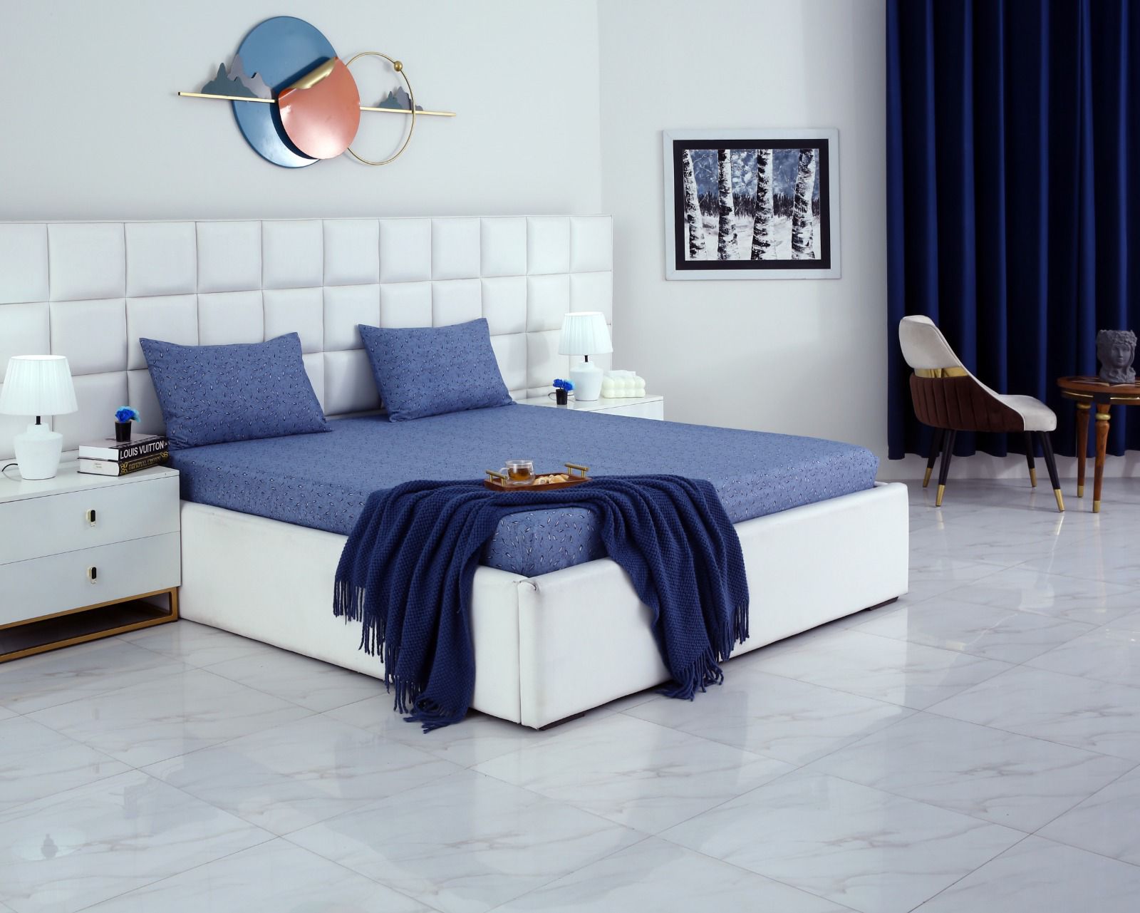 Fitted Bed Sheet-Raincloud Blue Feathers Fitted Sheets Apricot