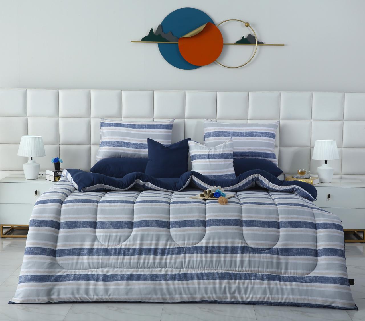 8 PCs Winter Razai Set-Chase Stripe Comforters Apricot