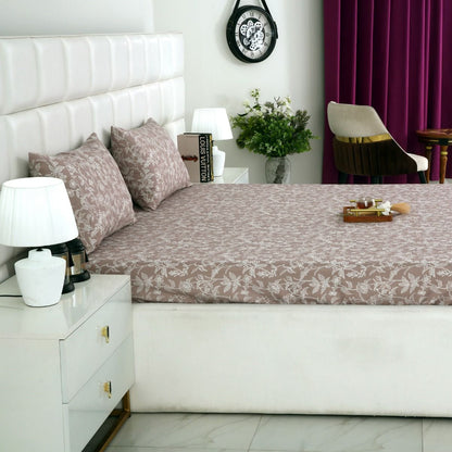 3 PCs Double Bed Sheet-White Peonies BED SHEET Apricot