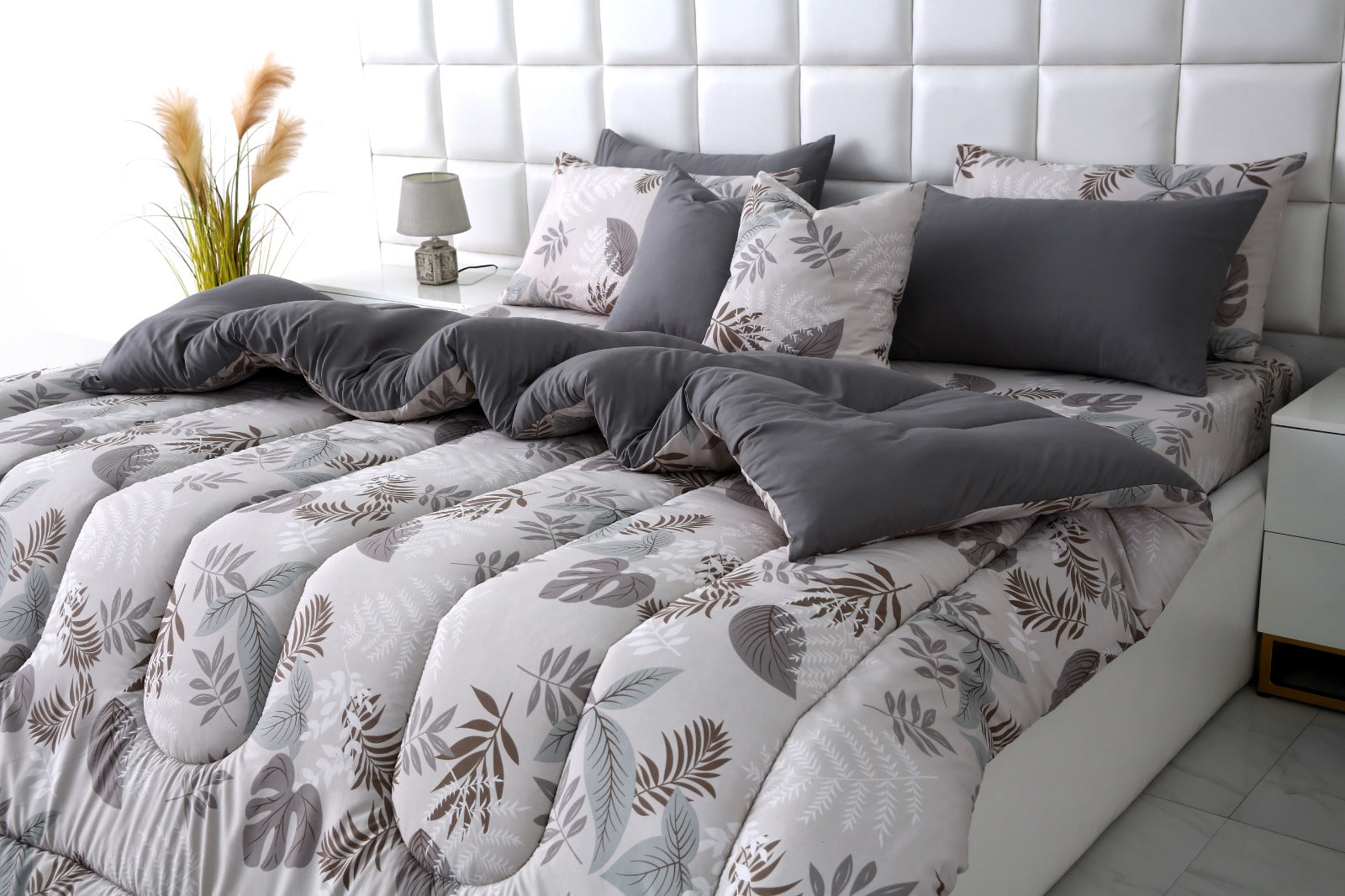 8 PCs Winter Razai Set-Leaf Style(With Grey Reverse) Comforters Apricot