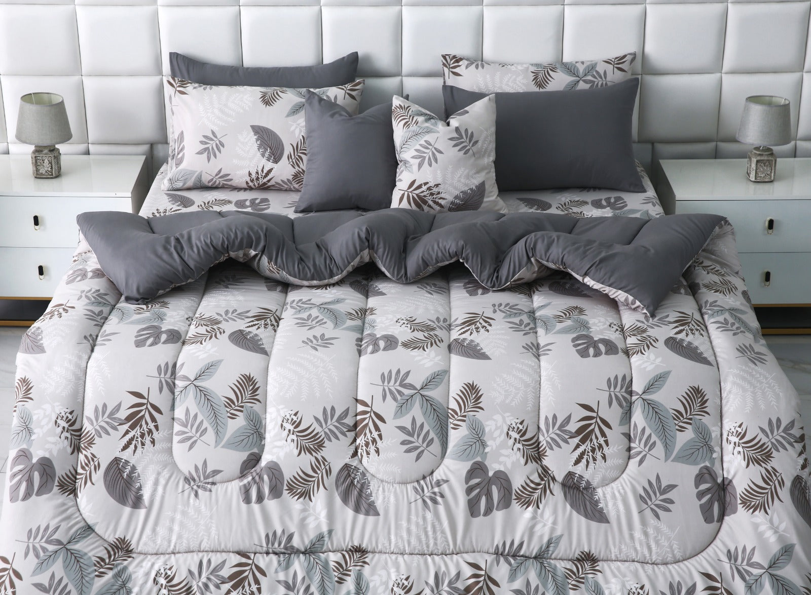 8 PCs Winter Razai Set-Leaf Style(With Grey Reverse) Comforters Apricot
