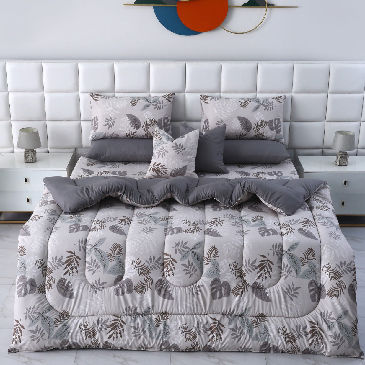 8 PCs Winter Razai Set-Leaf Style(With Grey Reverse) Comforters Apricot