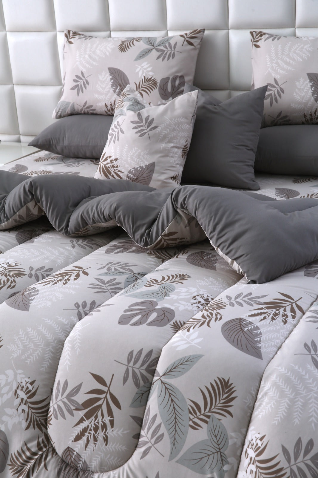 8 PCs Winter Razai Set-Leaf Style(With Grey Reverse) Comforters Apricot