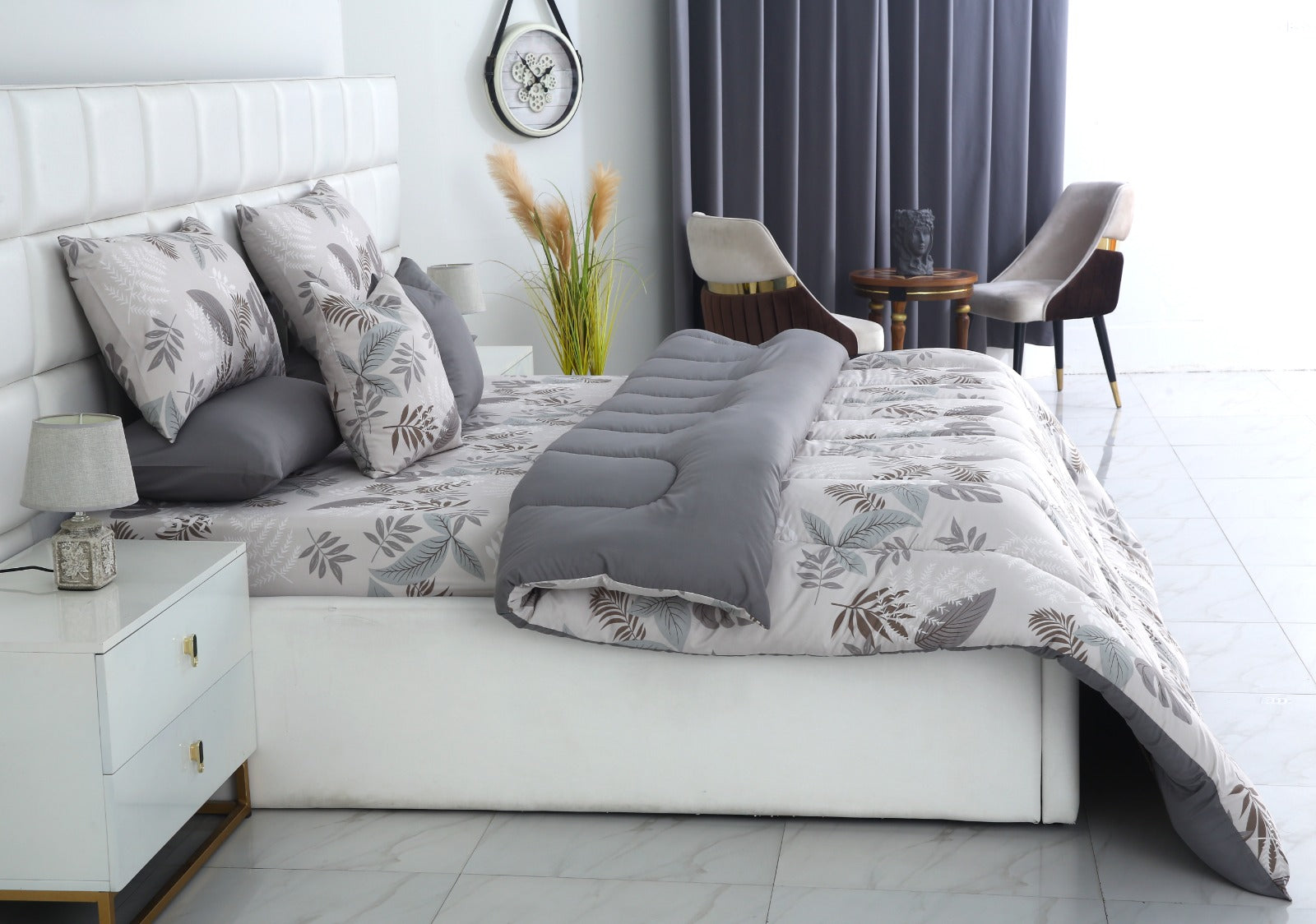 8 PCs Winter Razai Set-Leaf Style(With Grey Reverse) Comforters Apricot