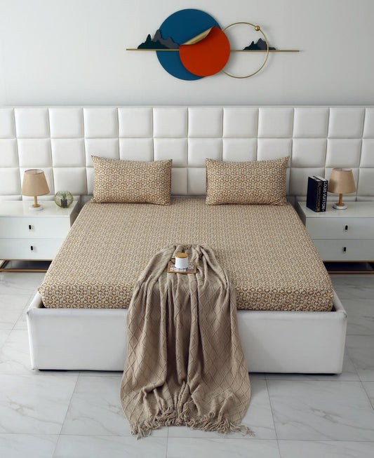 Fitted Bed Sheet-Ecru Flowers Fitted Sheets Apricot