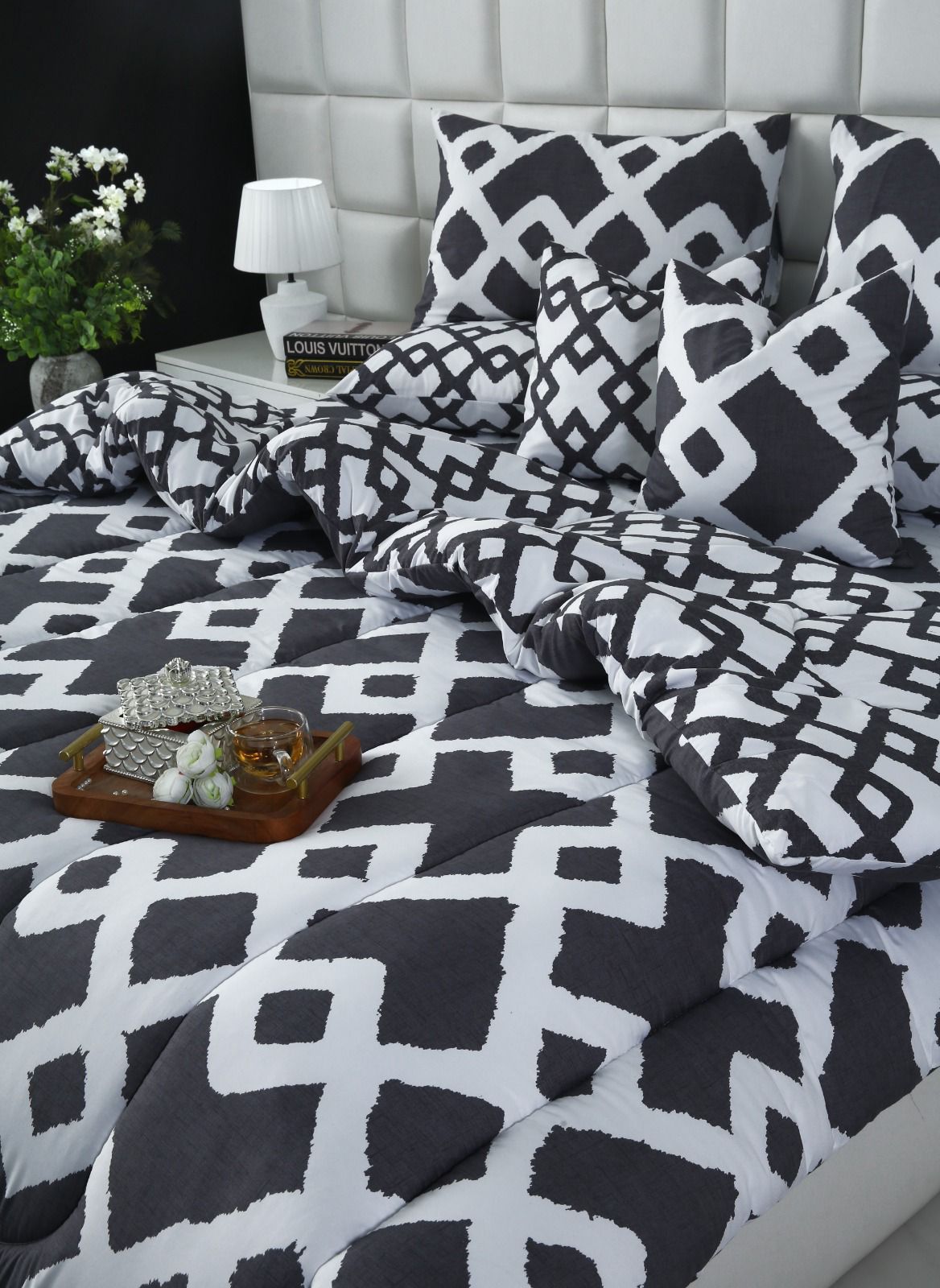 5 PCs Single Razai Set-Grey Diamond Comforters Apricot