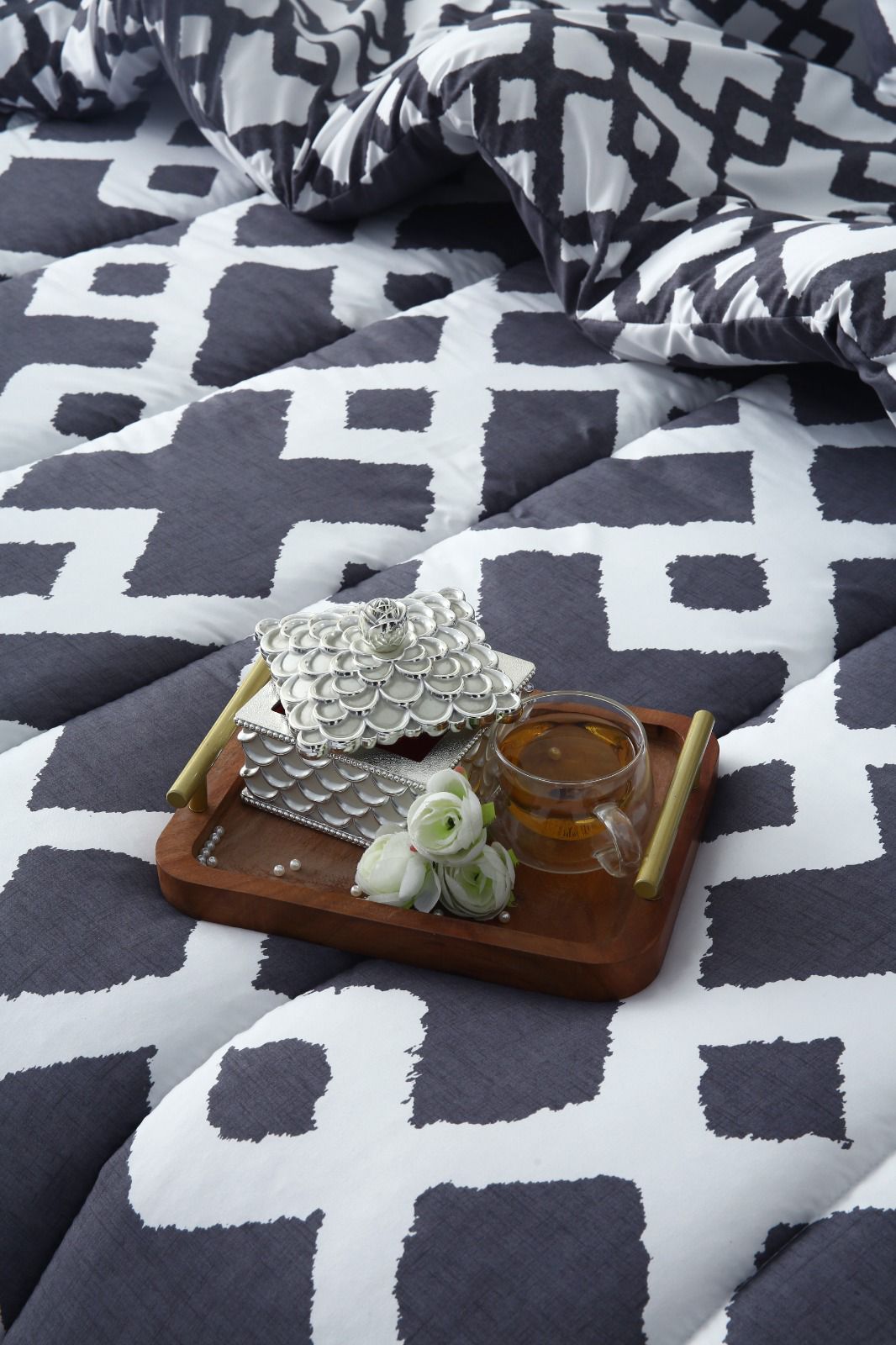 5 PCs Single Razai Set-Grey Diamond Comforters Apricot