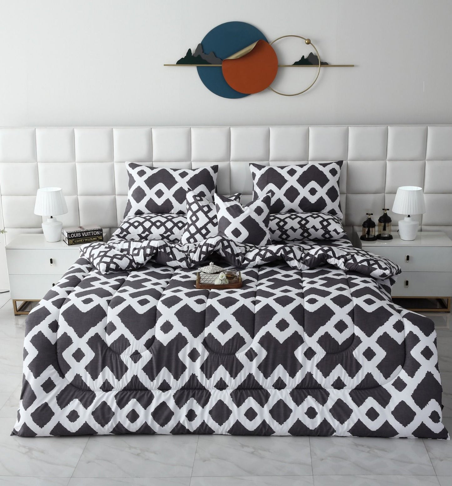 8 PCs Winter Razai Set-Grey Diamond Comforters Apricot