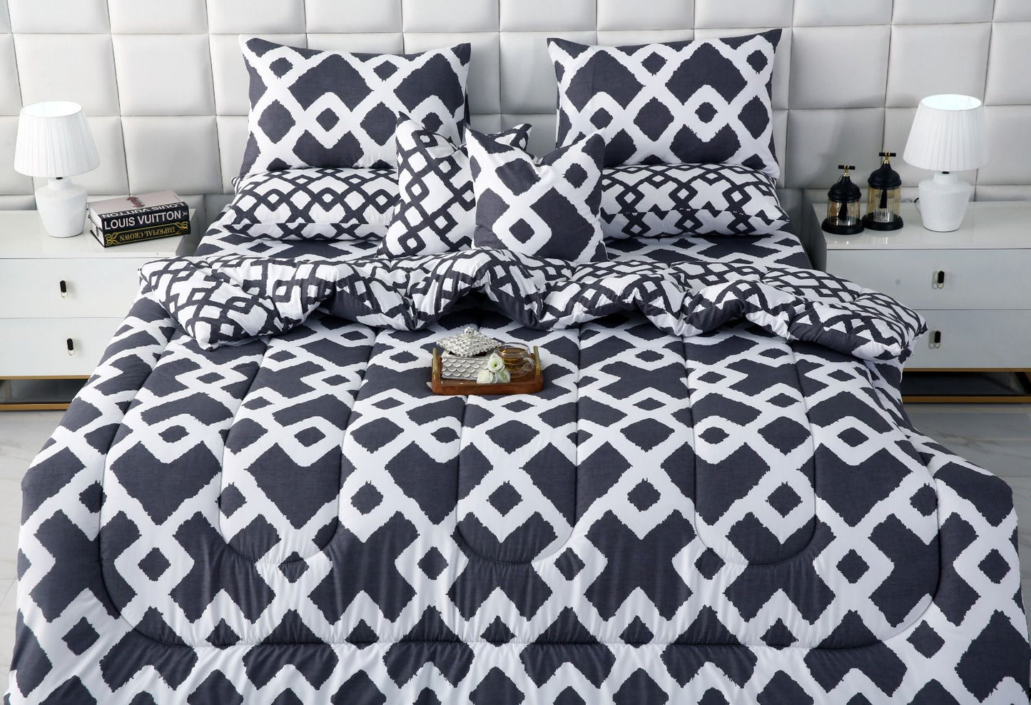 8 PCs Winter Razai Set-Grey Diamond Comforters Apricot