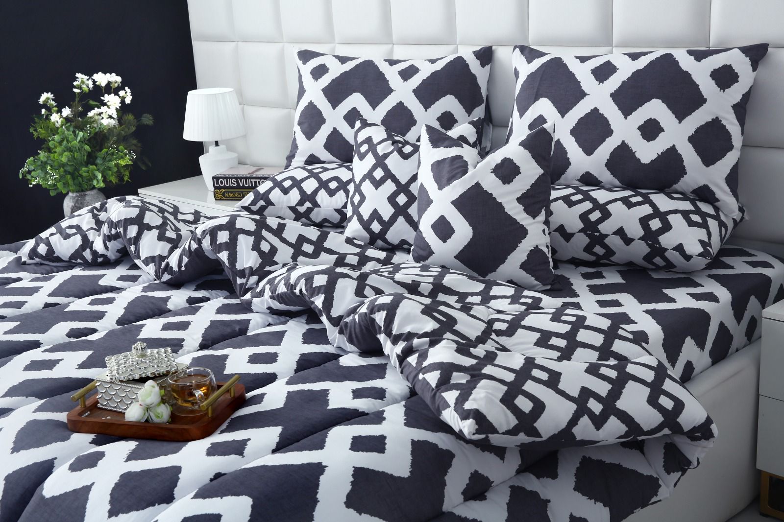 5 PCs Single Razai Set-Grey Diamond Comforters Apricot