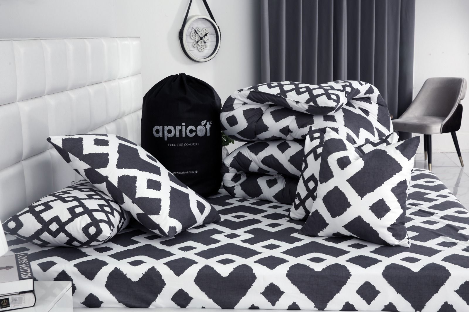 8 PCs Winter Razai Set-Grey Diamond Comforters Apricot